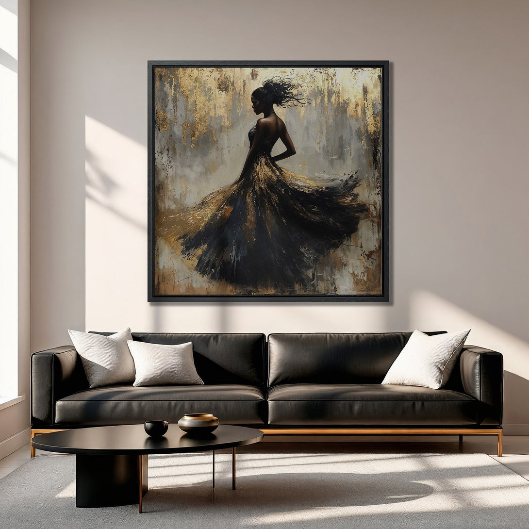 Framed Wall Art: Abstract painting of a woman in a flowing black and gold dress. Modern art with a neutral color palette, perfect for home decor.