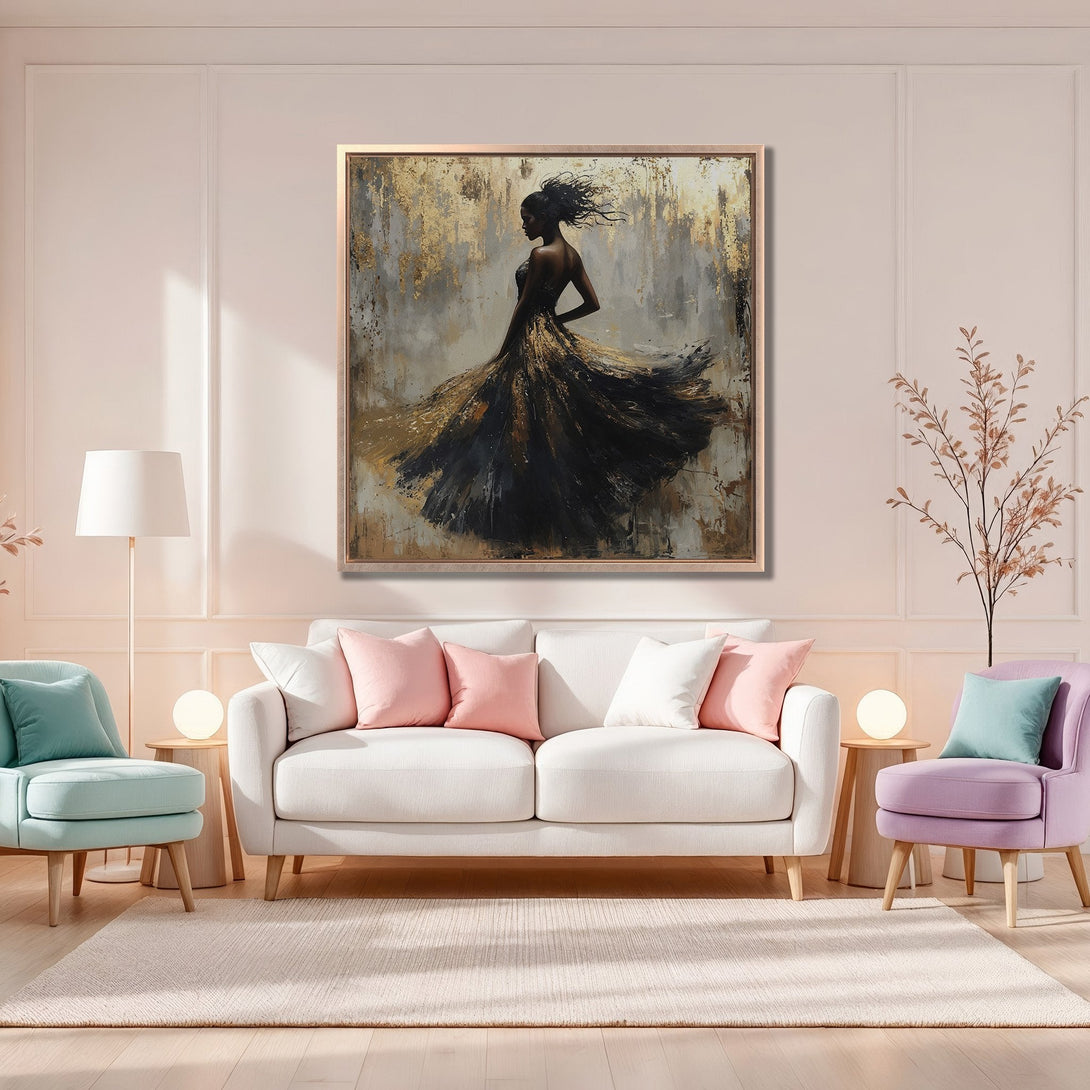 Framed Wall Art: Abstract painting of a woman in a flowing dress, gold and black tones. Modern art for home decor, displayed in a stylish interior.