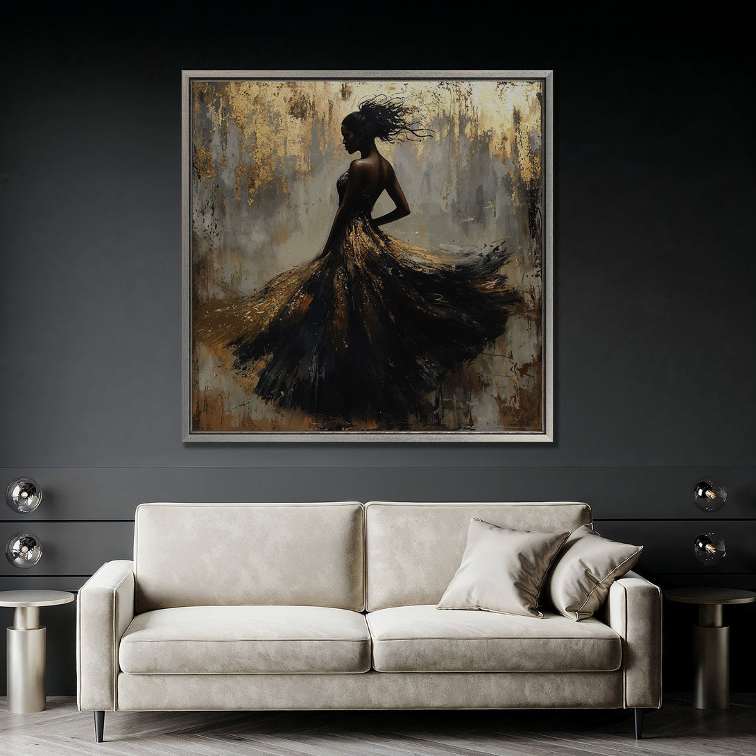 Framed Wall Art: Elegant woman in flowing gown, abstract style, gold & black color palette. Perfect for modern home decor.