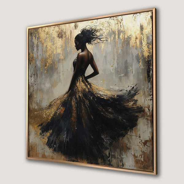 Framed Wall Art: Abstract painting of a woman in a flowing black and gold dress. Modern style with a gold, gray, and black color palette.