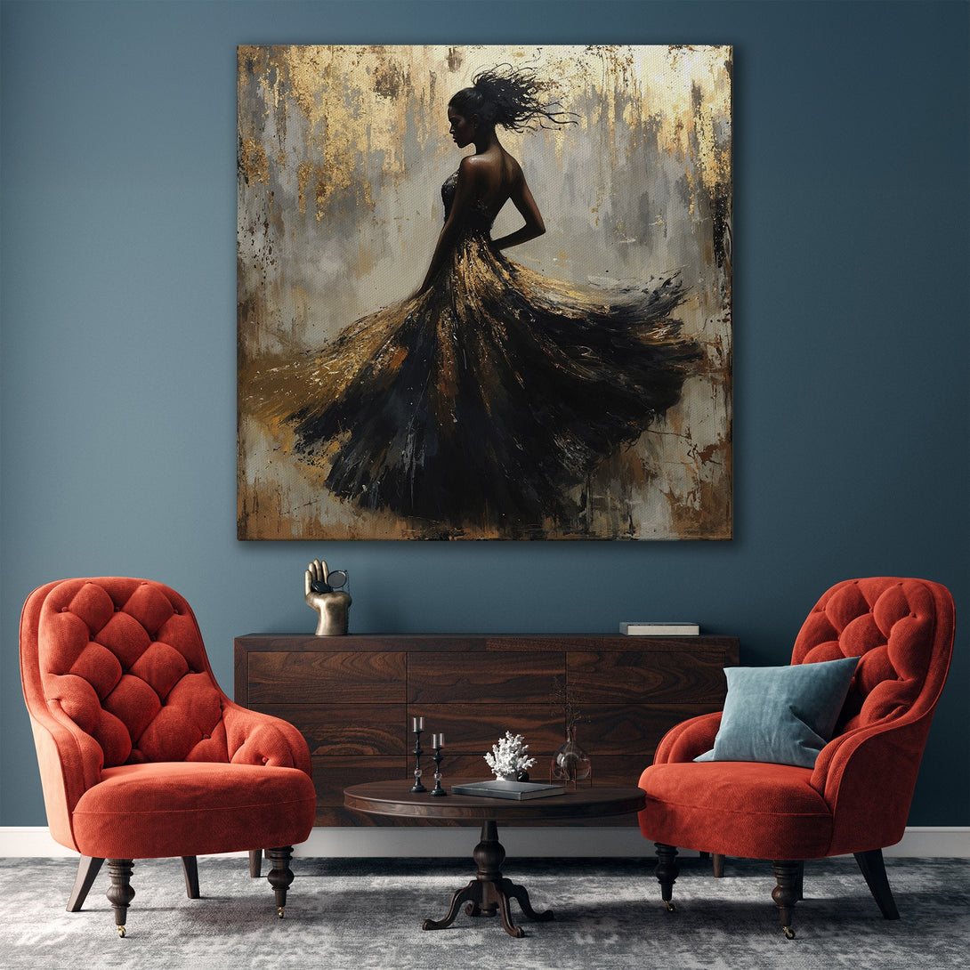 Framed Wall Art featuring an elegant woman in a flowing black dress, abstract style. Gold, black, and neutral tones create a sophisticated aesthetic for any interior.