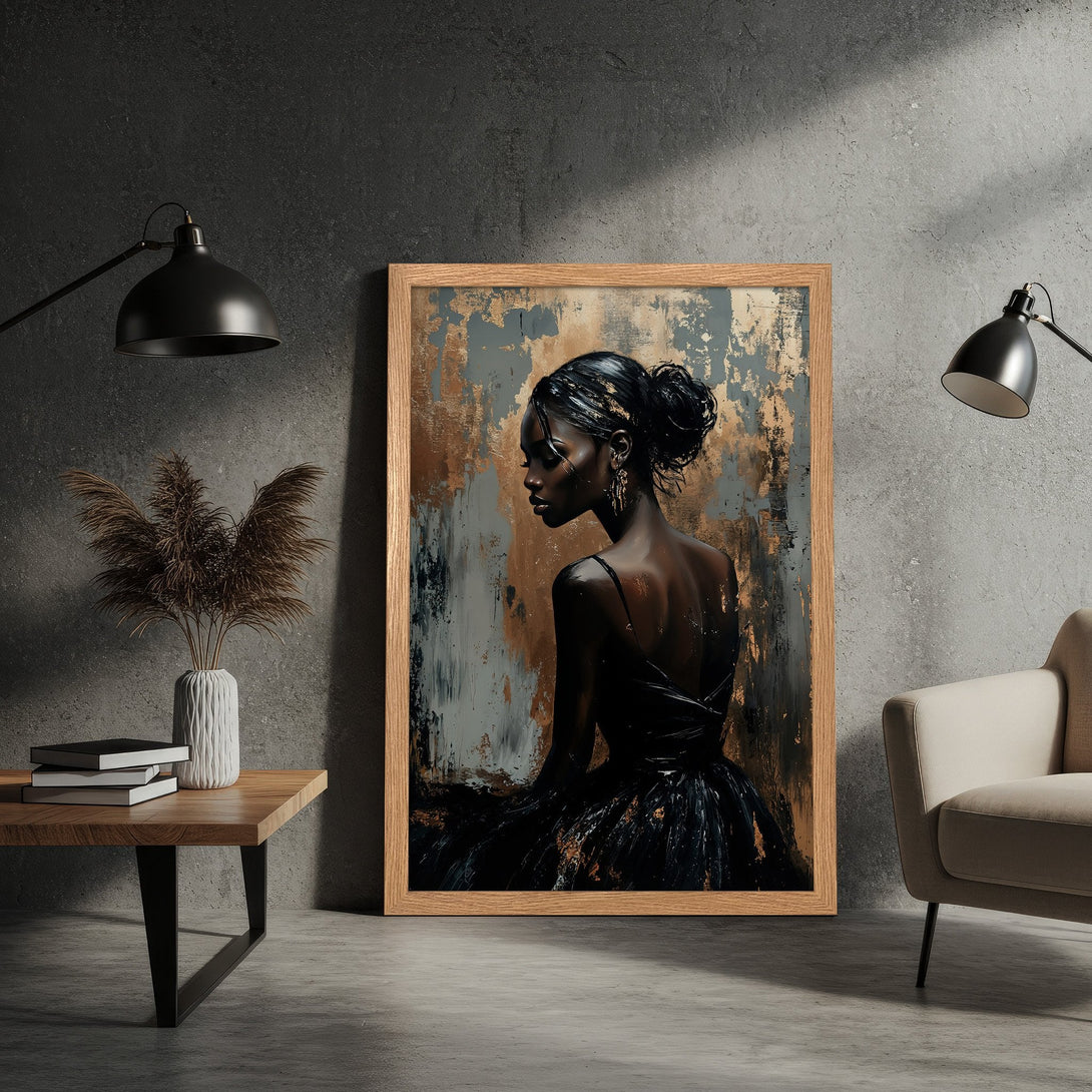 Framed Poster featuring an elegant woman in black dress, abstract style, with a gold, gray, and brown color palette.