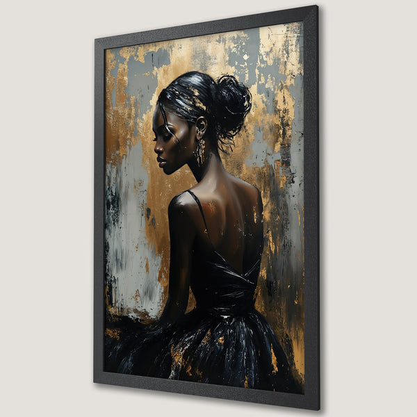 Framed Poster featuring a woman in black dress, abstract art style with gold, gray, and black color palette. Elegant wall art.