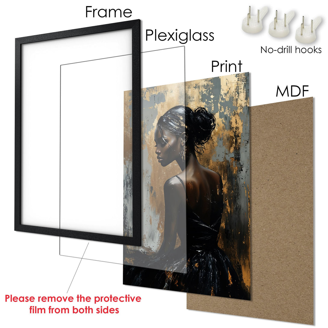 Framed Poster featuring an elegant woman, abstract style, gold & gray color palette. Perfect wall art for any room!