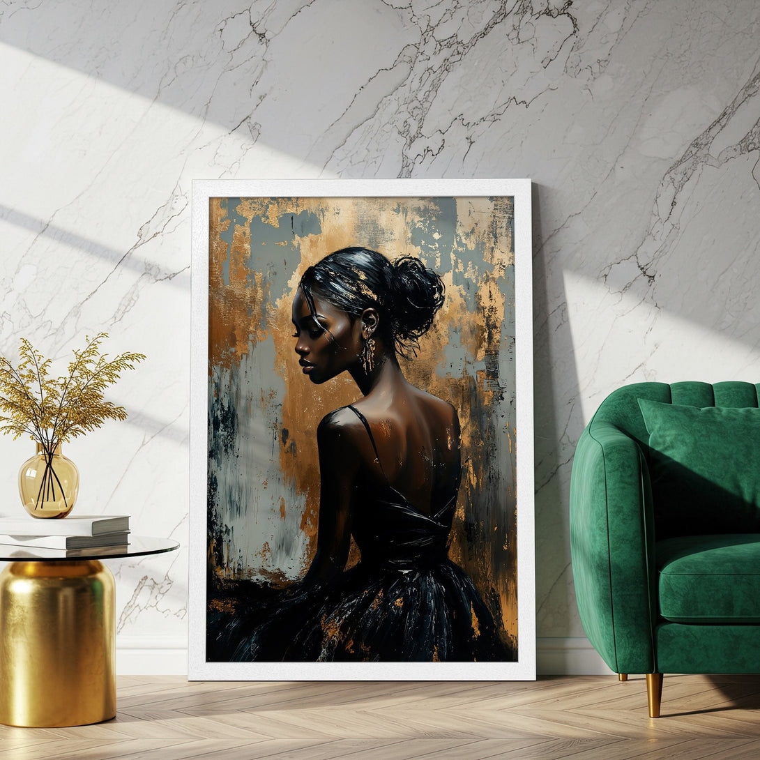 Framed Poster featuring an elegant woman in black, abstract style, with gold, black, and grey tones. Perfect wall art!