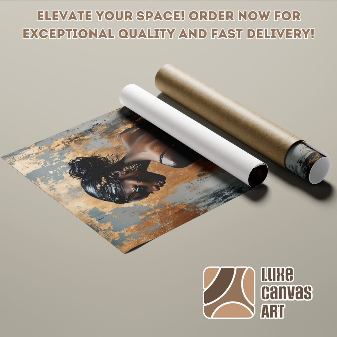 Abstract woman art Poster Roll in neutral tones with gold accents. Elevate your space with exceptional quality art.