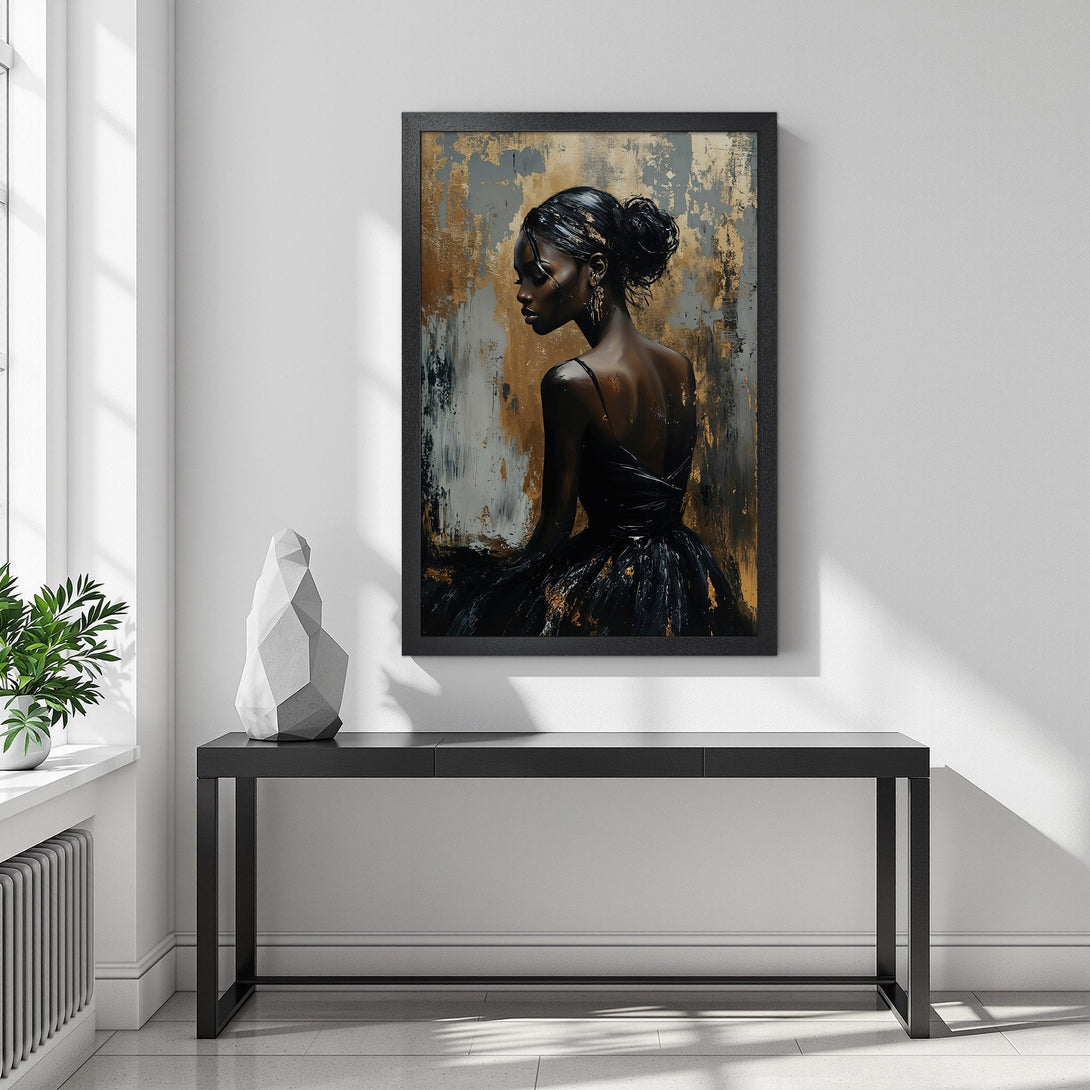 Framed Poster featuring a woman in a black dress, abstract style, gold and gray color palette. Elevate your space with this elegant art.