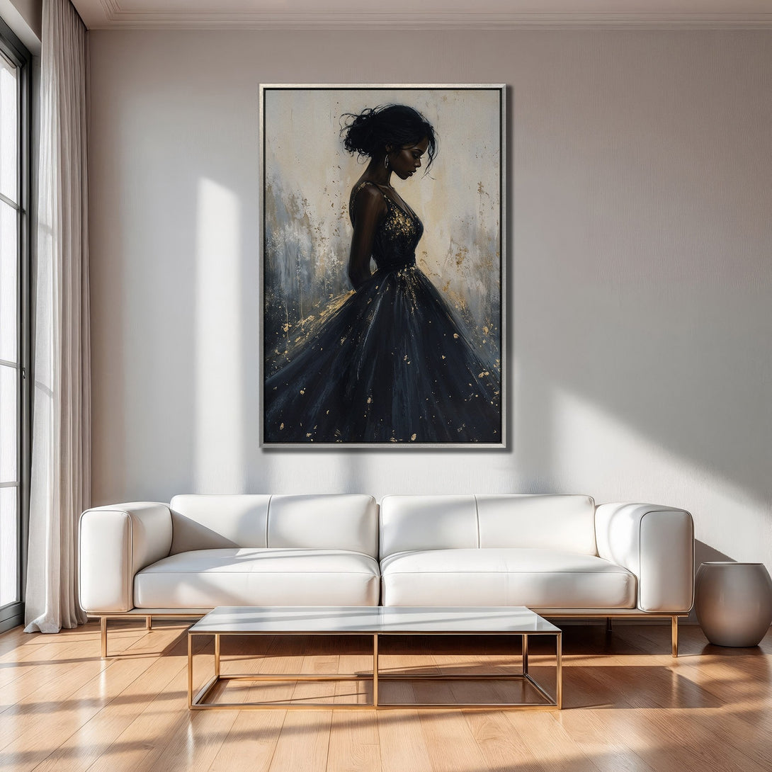 Framed Wall Art: Elegant woman in black dress with gold accents. Modern abstract style, neutral and gold color palette. Perfect for interior decor.