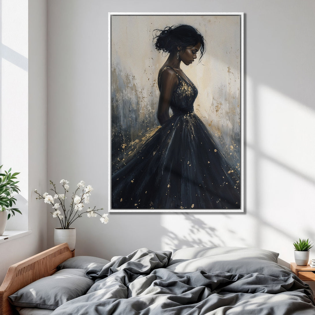 Framed Wall Art: Elegant woman in black dress with gold accents. Modern abstract style in a neutral and gold color palette. Perfect bedroom decor.