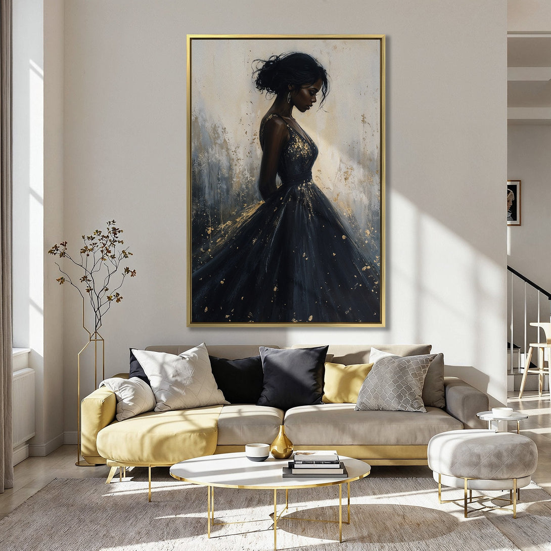 Canvas Print of elegant woman in black dress, abstract style, gold accents, set against a soft pink wall.