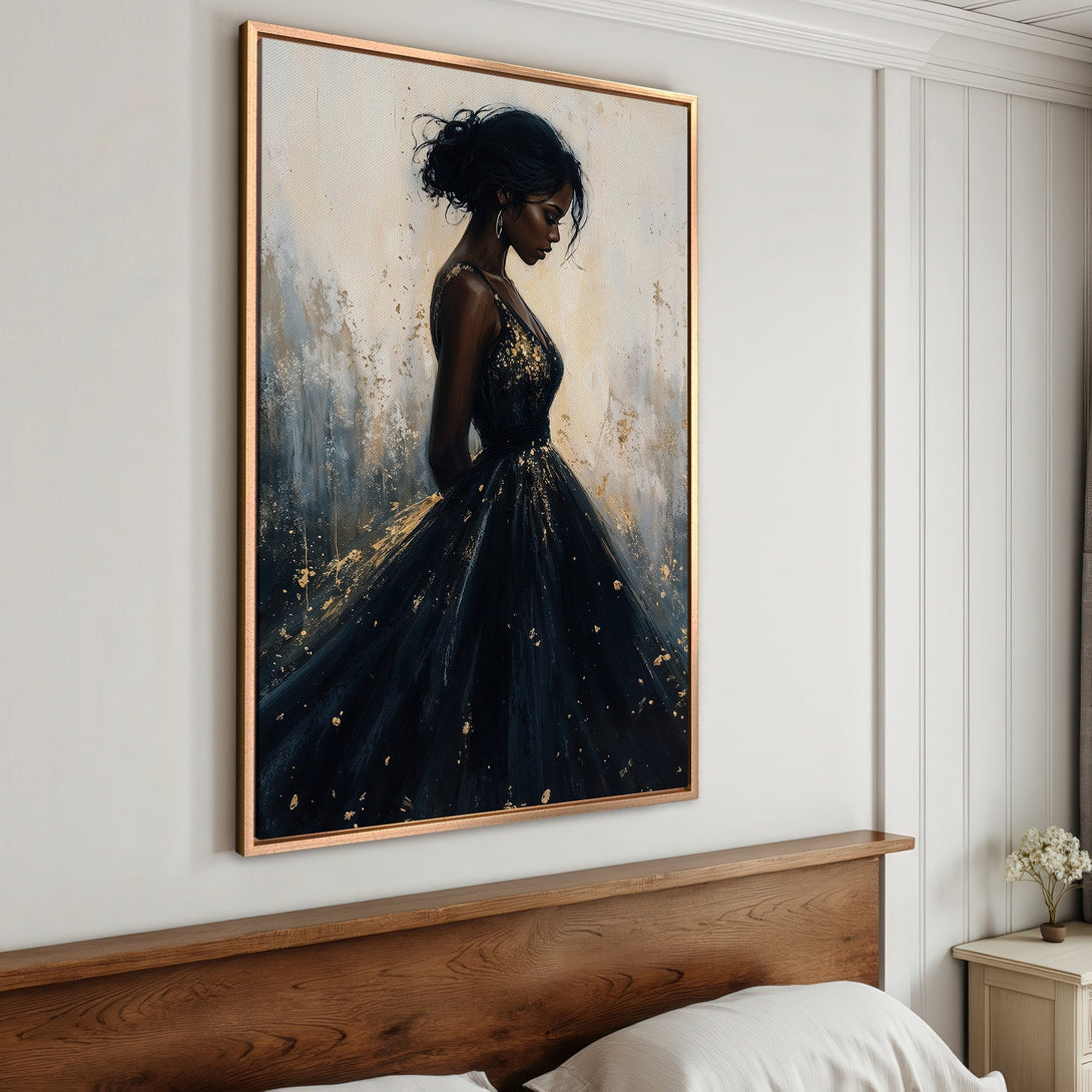 Framed Wall Art: Elegant woman in black dress, abstract style with gold accents. Stunning canvas print in a bedroom, featuring a dark and neutral color palette.
