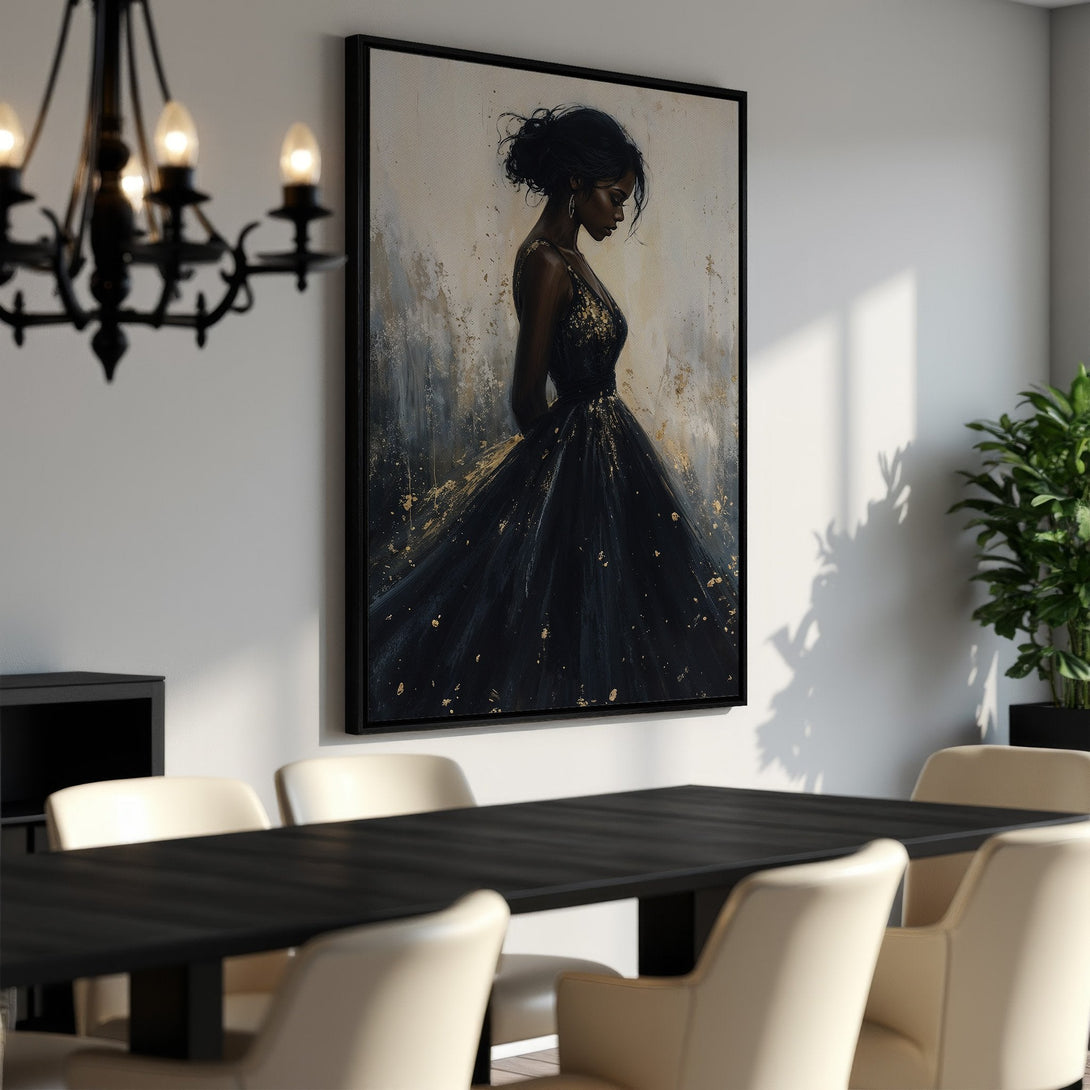 Framed Wall Art featuring a stunning woman in a black dress, abstract style with gold accents. Perfect for adding elegance to your dining room decor.