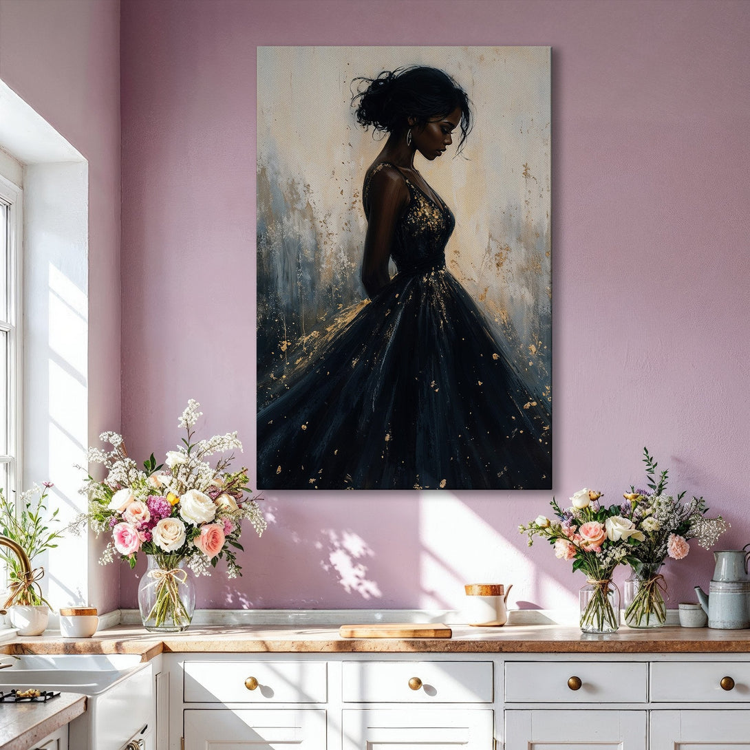 Framed Wall Art: Elegant woman in black dress, gold accents, and neutral color palette. Perfect for modern home decor. Shop now!