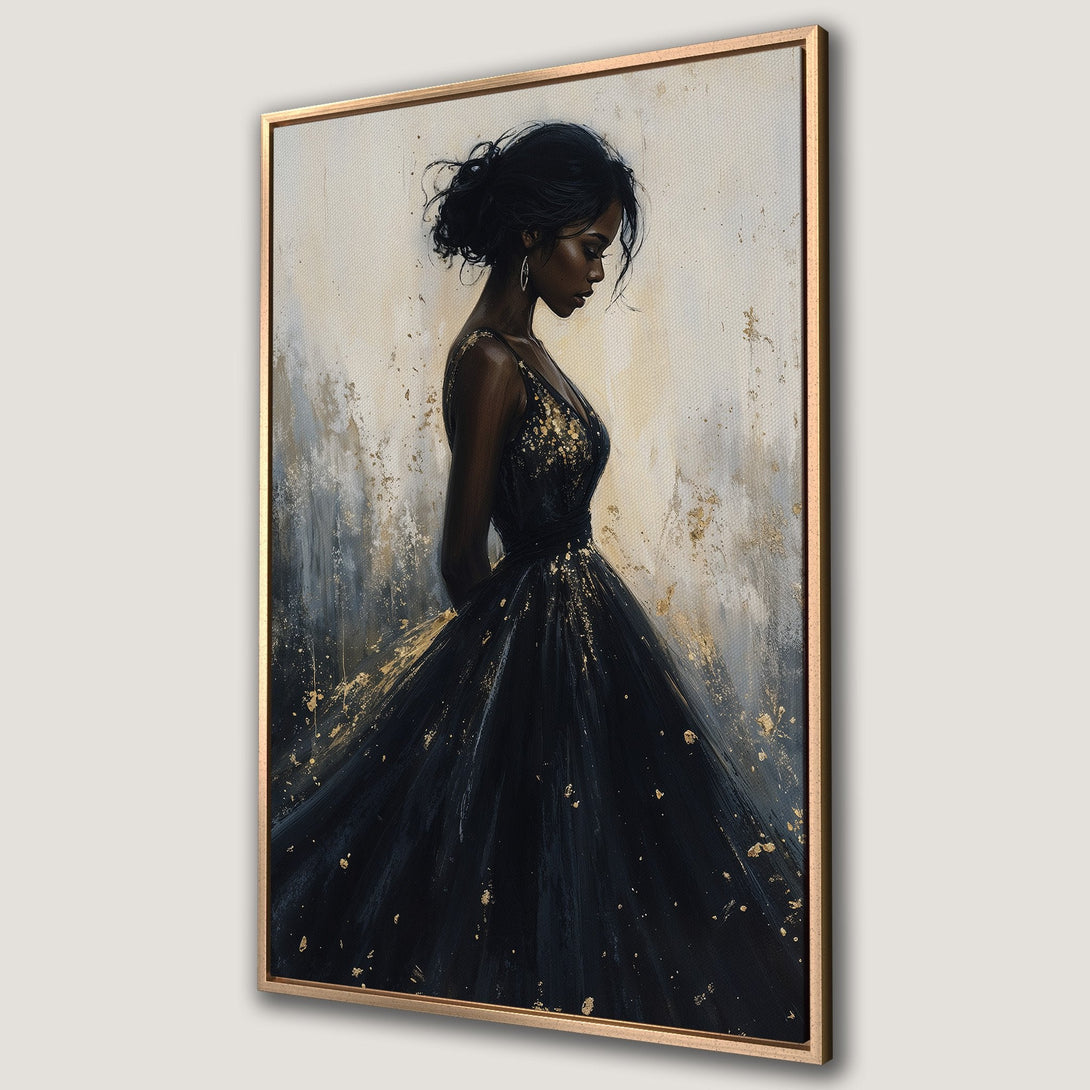 Framed Wall Art: Elegant woman in black dress, gold accents, and abstract style. Stunning canvas print with neutral and gold color palette. Elevate your space!