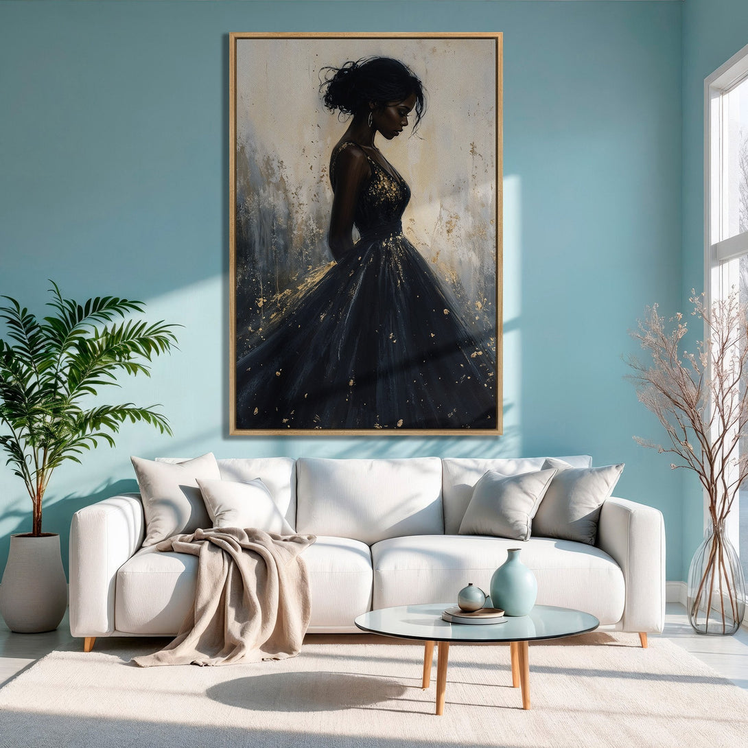 Framed Wall Art: Elegant woman in black dress, gold accents, abstract style. Stunning art print with a neutral, teal, and gold color palette. Elevate your space!