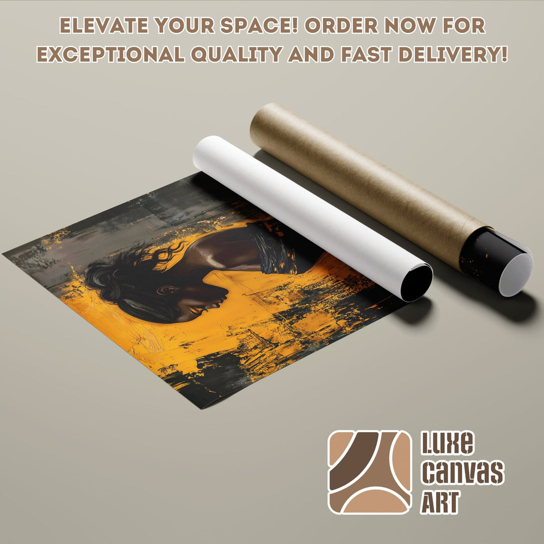Abstract art Poster Roll featuring a woman, with a black, yellow, and gray color palette.