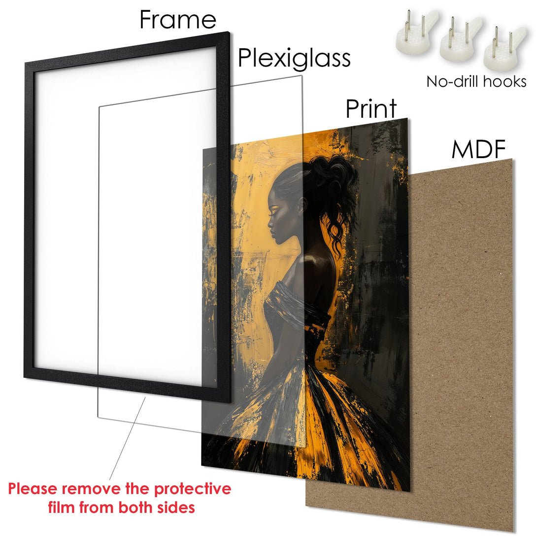 Framed Poster of an elegant woman in black and gold, abstract style. Perfect wall art for a modern home.