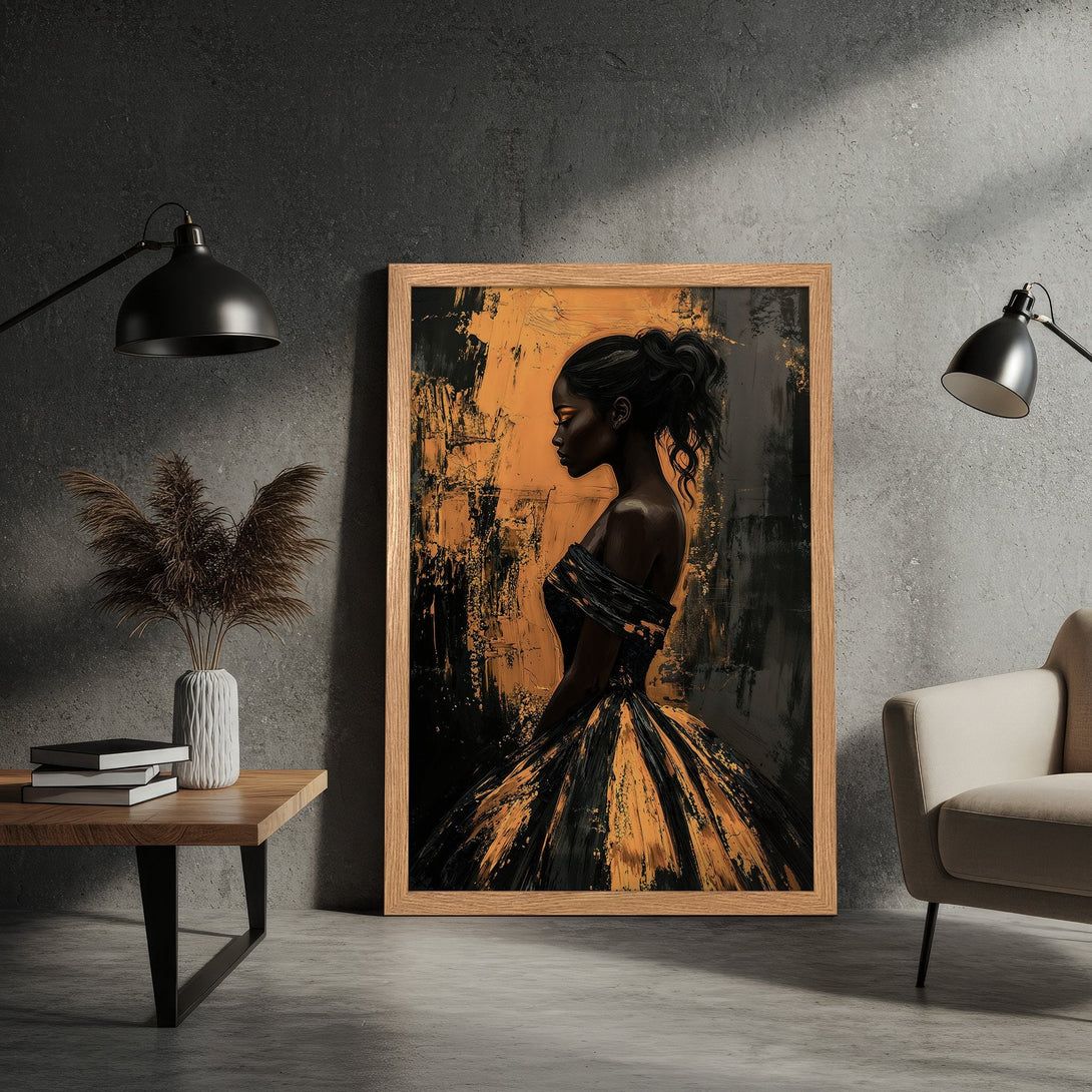 Framed Poster featuring a woman in an abstract style with a black and gold color palette. Perfect wall art for any home!