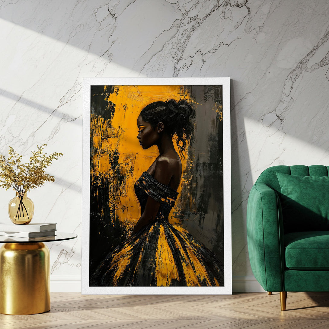 Framed Poster featuring a woman in a dress, abstract style, with a gold, black, and yellow color palette. Elevate your space!