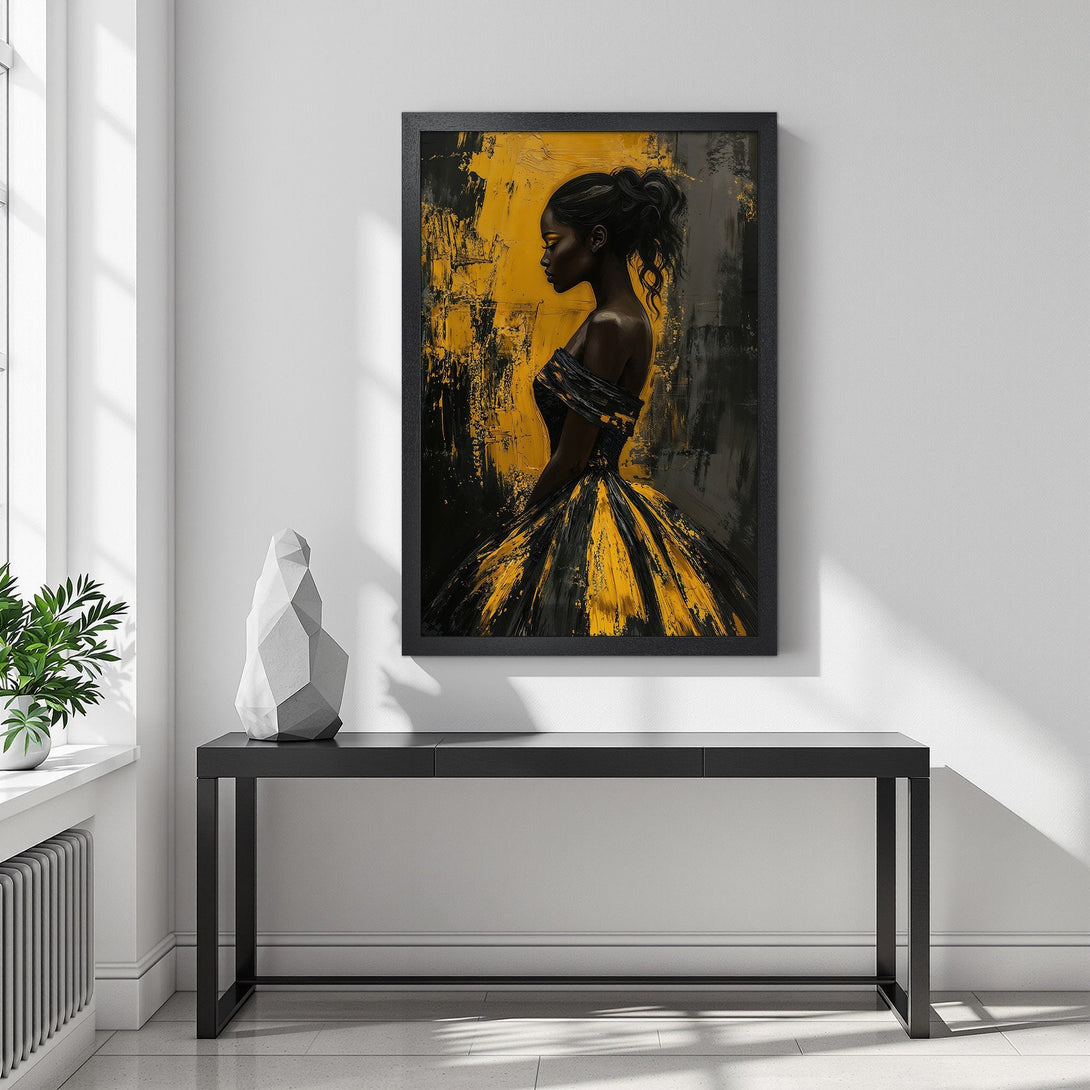Framed Poster featuring a woman in a dress, abstract style, with a black and gold color palette. Perfect wall art for any space!