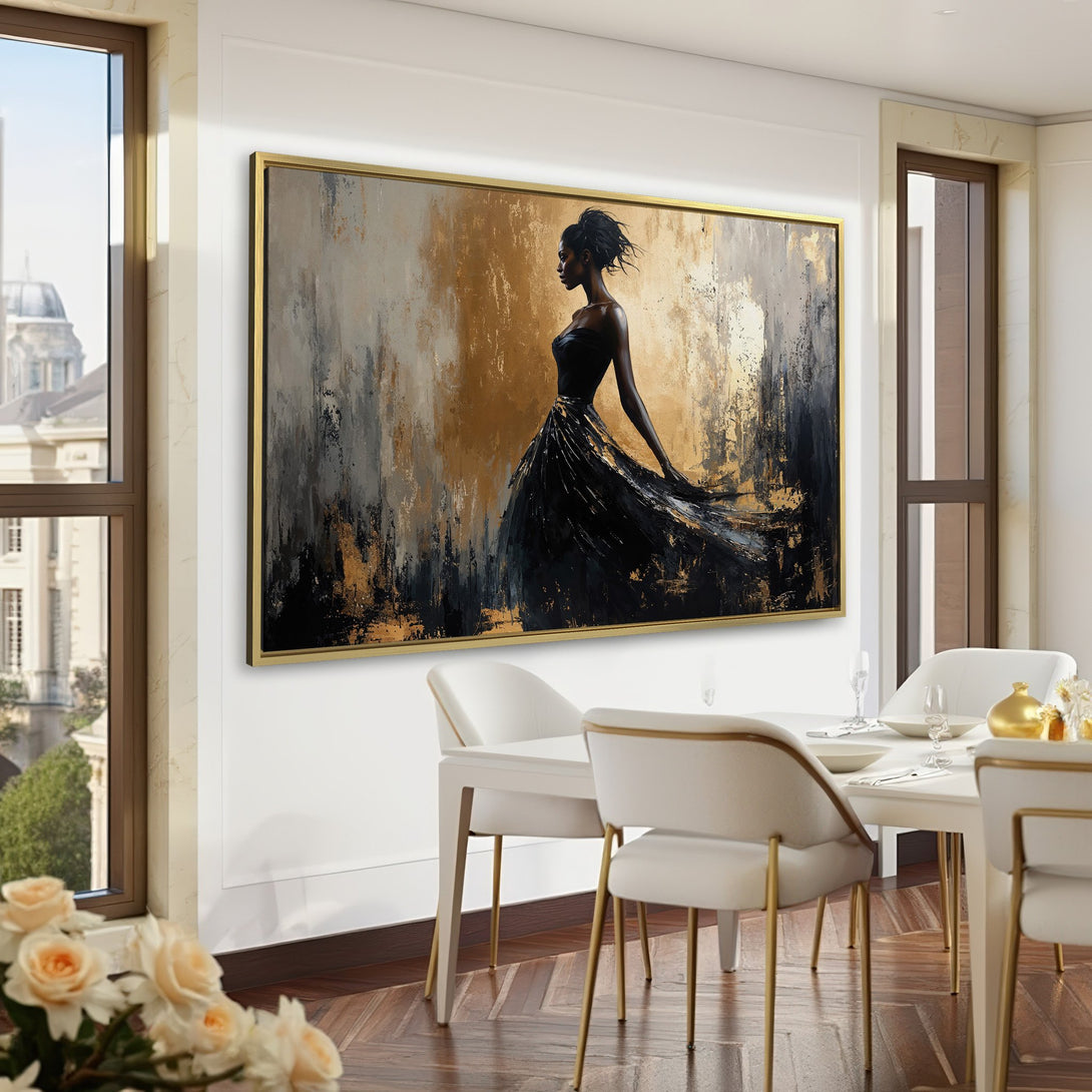 Canvas Print of a woman in a black dress, abstract style, gold, black, and gray color palette, perfect for elegant home decor.