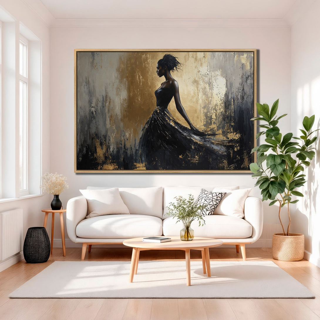 Framed Wall Art featuring a woman in a black dress, abstract style with gold, black, and gray tones. Perfect for modern home decor.