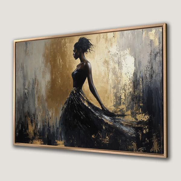 Framed Wall Art: Elegant woman in black dress, abstract art with gold, black, and gray palette. Modern canvas print for sophisticated decor.
