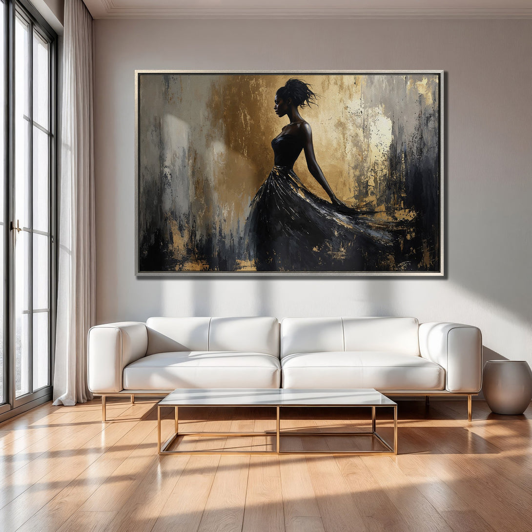 Framed Wall Art: Abstract woman in black dress with gold and gray accents. Modern art canvas print for elegant home decor.