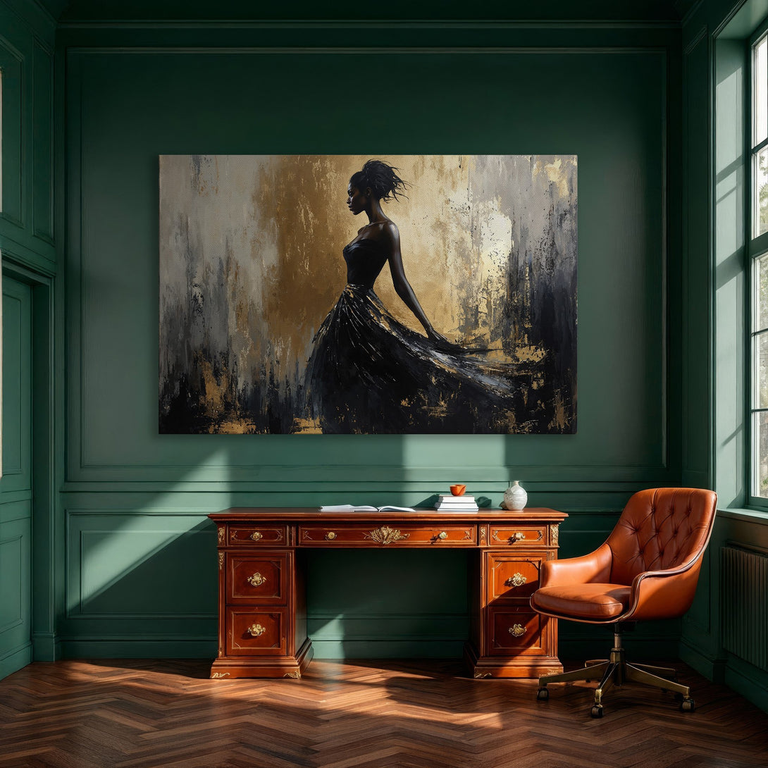 Framed Wall Art: Abstract woman in black dress, gold, black & gray palette. Modern canvas art for dining room decor.