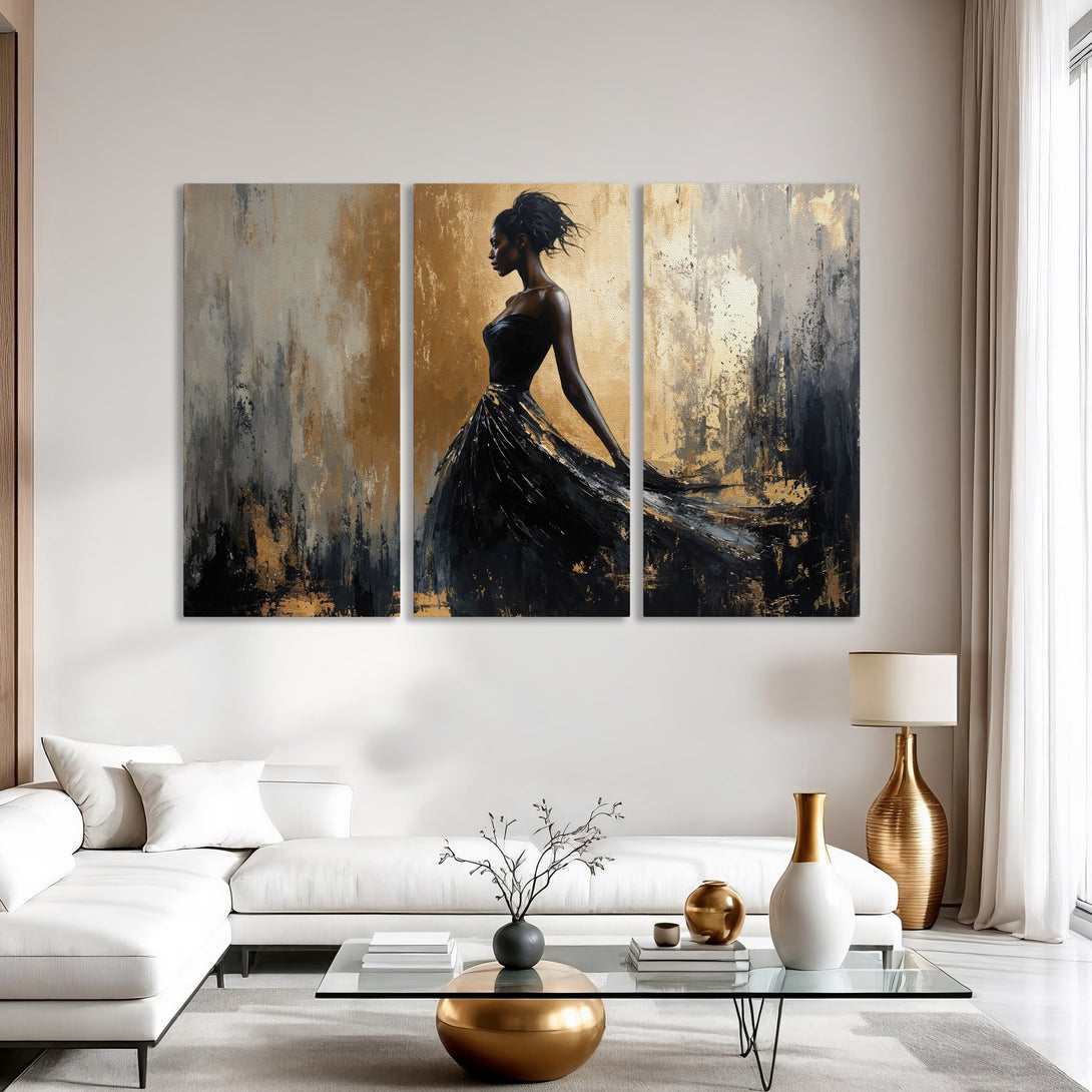Canvas Print of a woman in a black dress, abstract style, with gold, black, and gray tones. Modern wall art for elegant interiors.
