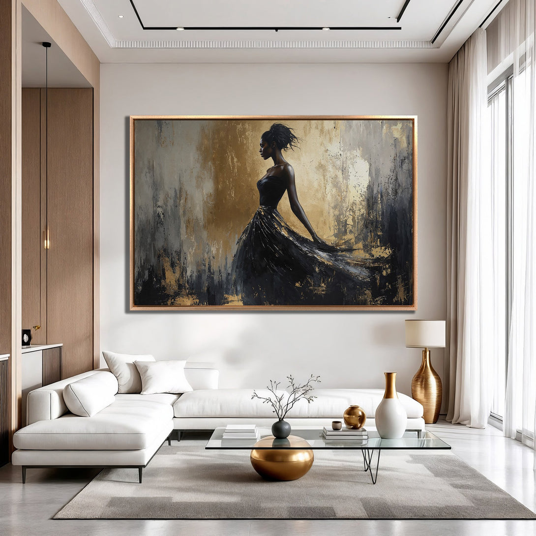 Framed Wall Art: Elegant woman in black dress, abstract art style. Gold, black, and neutral color palette. Perfect for modern home decor.