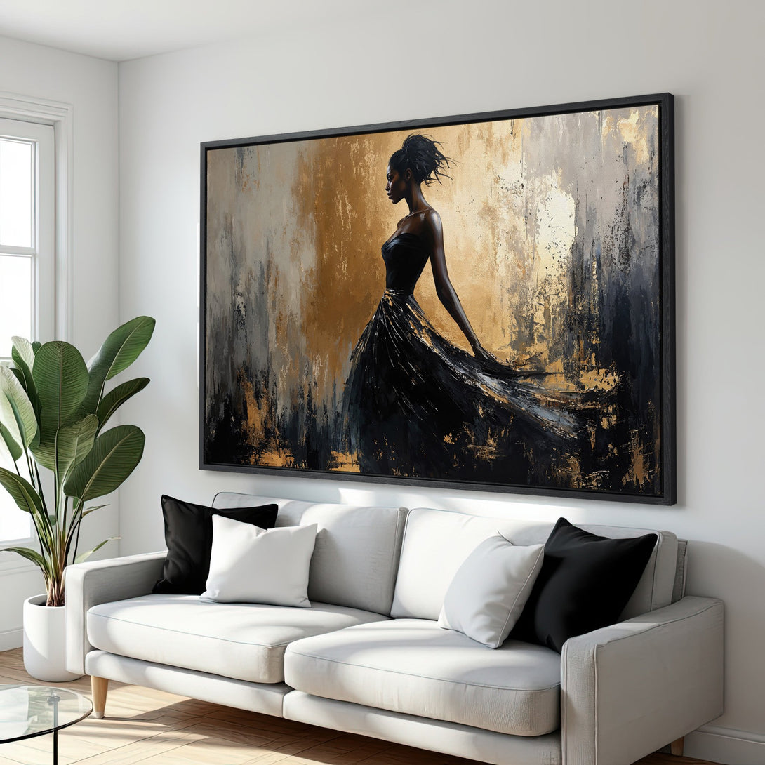 Framed Wall Art: Abstract woman in black dress. Gold, black, and gray palette. Modern art for home decor. Elevate your space with this stunning Canvas Print.