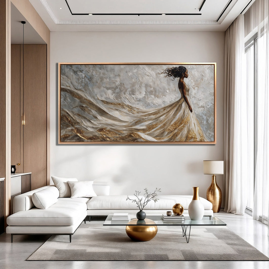 Framed Wall Art: Elegant woman in flowing gown, abstract style, neutral palette with gold accents. Perfect for modern home decor.