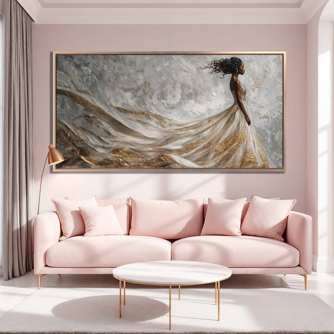 Framed Wall Art: Elegant woman in flowing gown, abstract style, gold & neutral tones. Perfect for living room decor.
