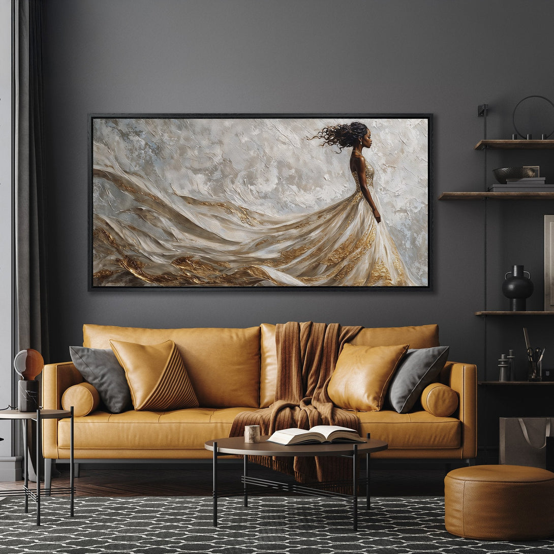 Framed Wall Art of a woman in a flowing dress, neutral color palette with gold accents. Modern abstract style, perfect for home decor.