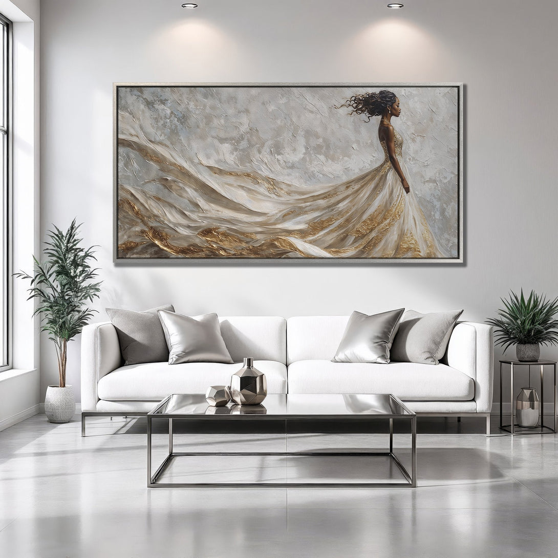 Framed Wall Art of a woman in a flowing gown, abstract style, neutral palette with gold accents. Perfect for modern home decor!