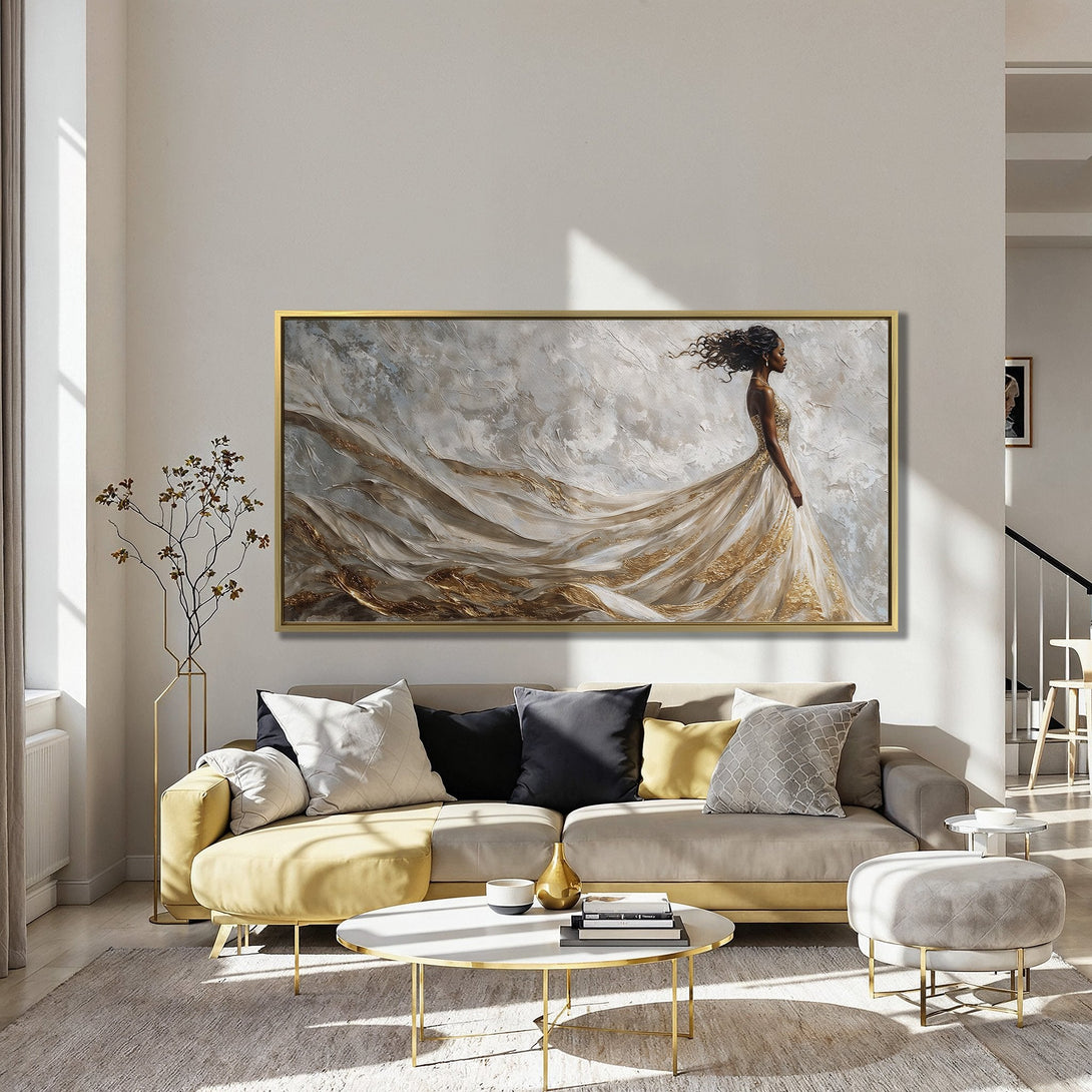 Canvas Print featuring a woman in a flowing gold dress. Elegant, textured art with a neutral and gold color palette. Perfect for any interior.