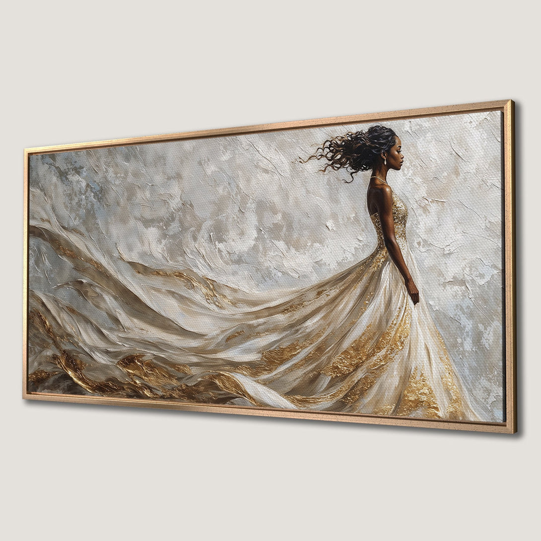 Framed Wall Art: Elegant woman in a flowing gold and white dress. Textured abstract style with neutral and gold tones. Perfect for home decor.