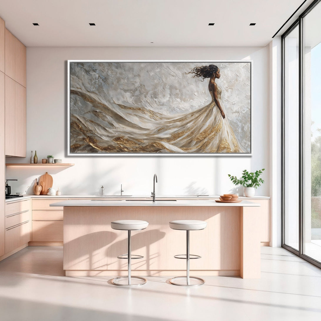 Framed Wall Art: Elegant woman in flowing gold & white dress, abstract style. Neutral color palette. Perfect for modern home decor.
