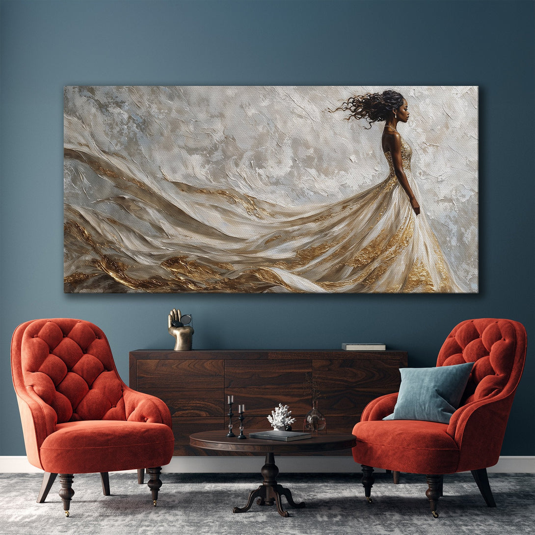 Framed Wall Art: Elegant woman in flowing gown, abstract style, neutral & gold tones. Enhance your space with this stunning canvas print!