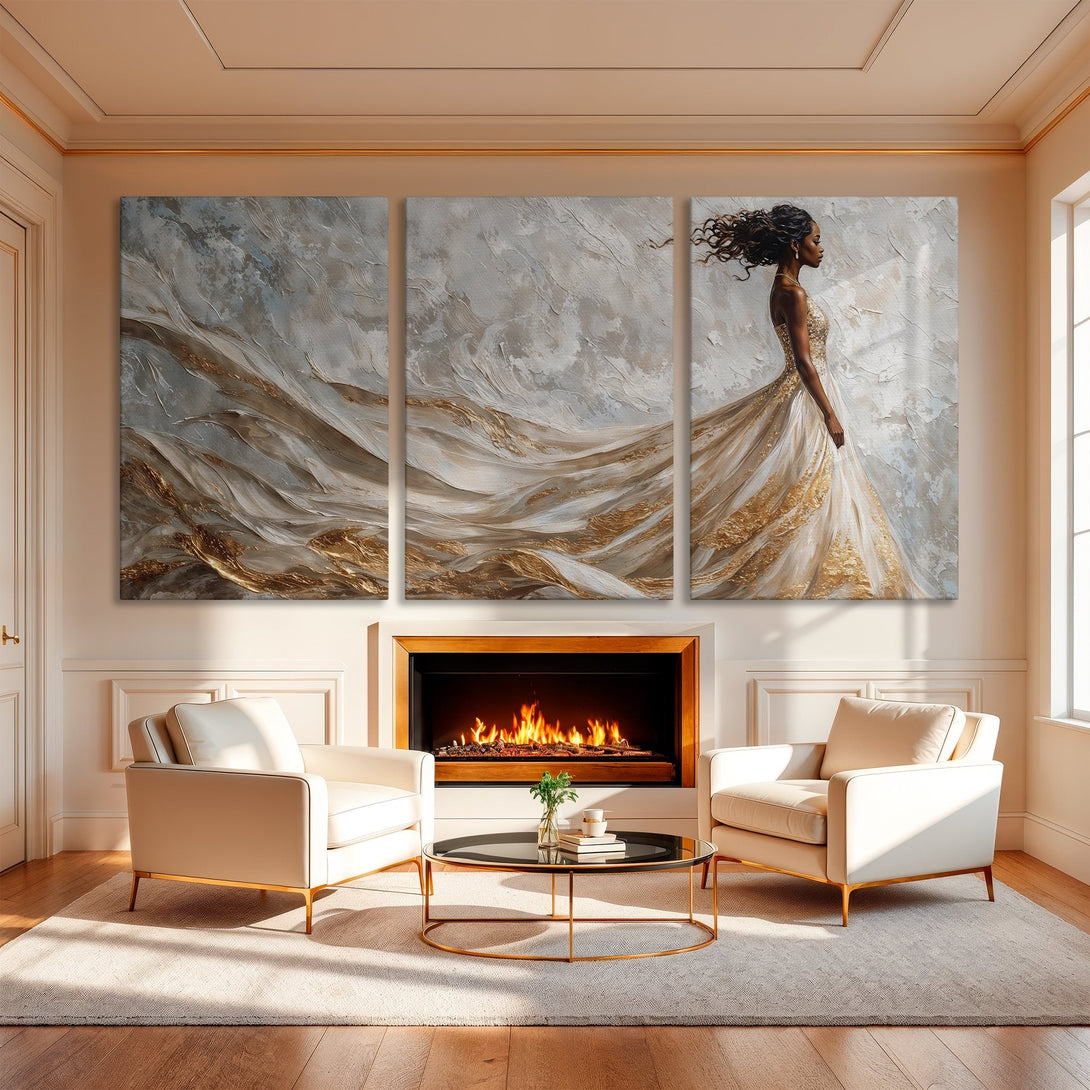 Canvas Print of elegant woman in gold and white dress, abstract style, displayed in a luxurious interior with neutral color palette.