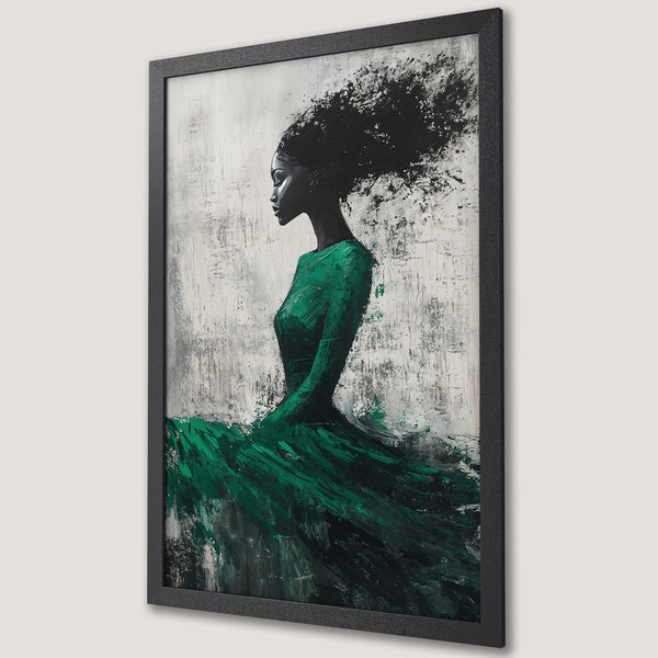 Framed Poster of a woman in a green dress. Abstract art style with a black, white, and green color palette. Modern wall art.