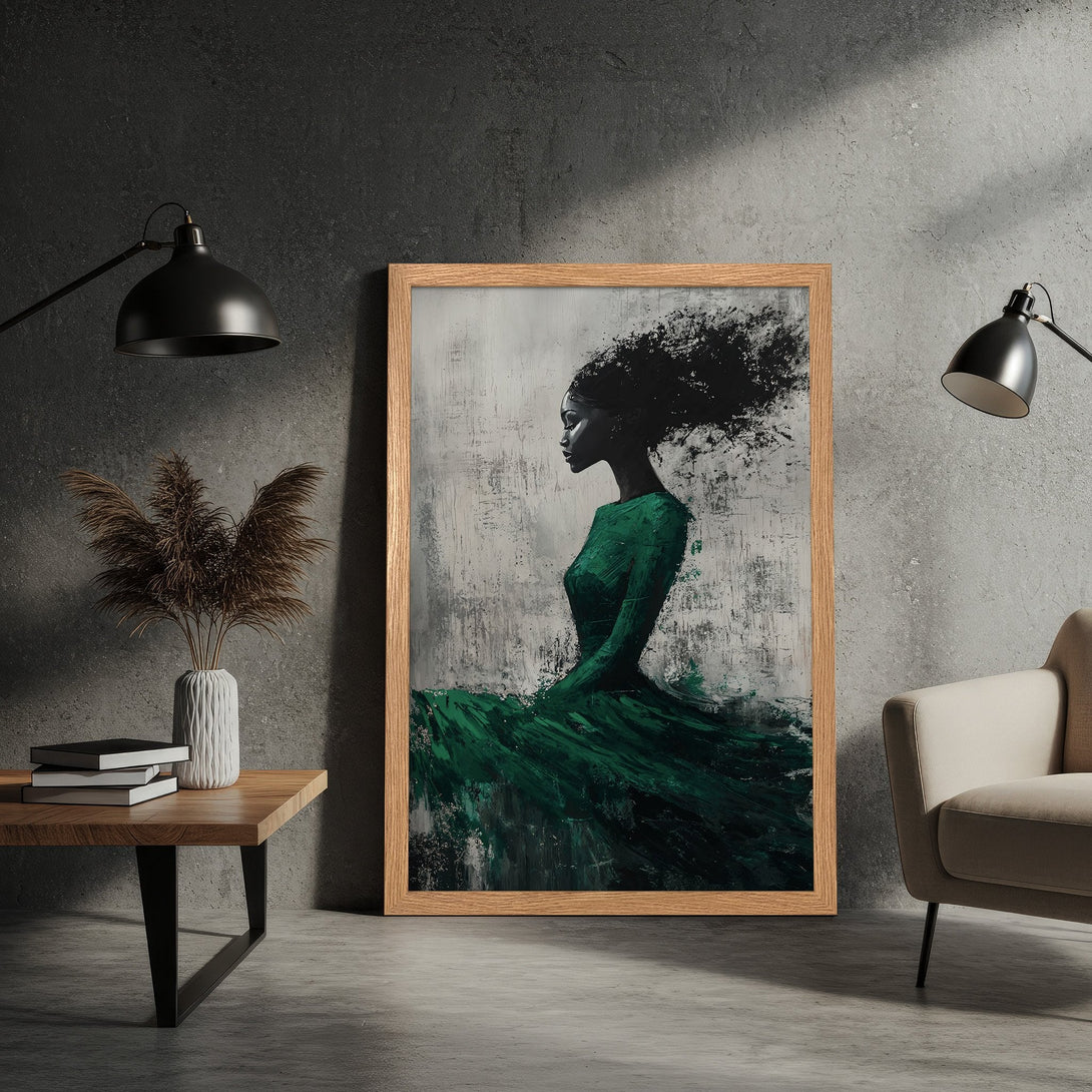 Framed Poster featuring an elegant woman in a green dress, abstract style, with a black, white, and green color palette. Perfect wall art.