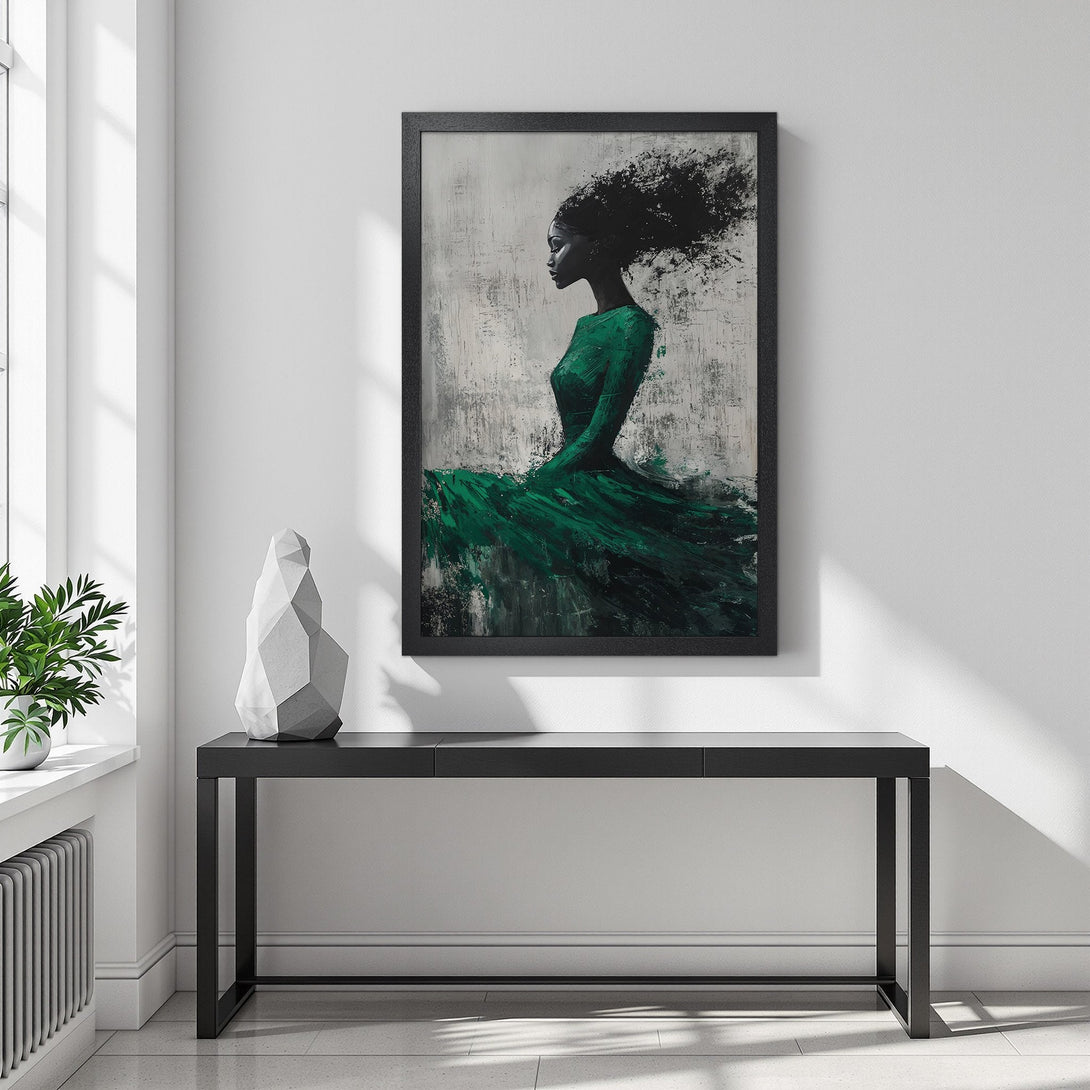 Framed Poster featuring an abstract woman in green dress. Modern art style, neutral and green color palette. Perfect wall decor!