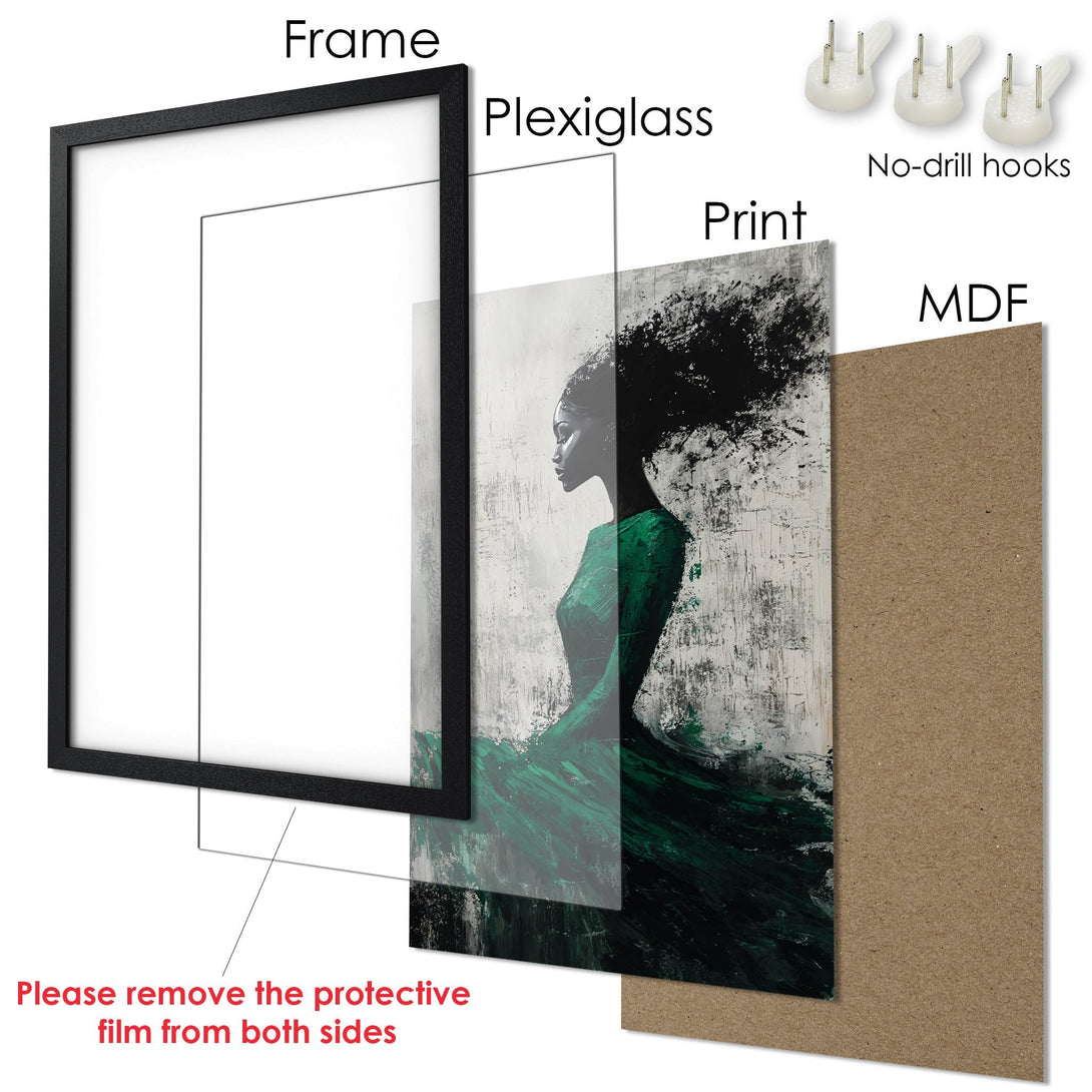 Framed Poster featuring an abstract portrait in green and black on a textured white background. Modern art for your home!