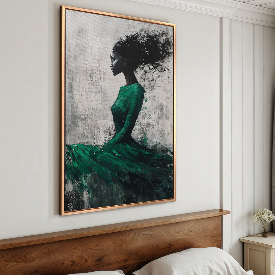 Framed Wall Art: Abstract portrait of a woman in green dress. Modern art piece with a gray, black, and emerald green color palette. Perfect for bedroom decor.