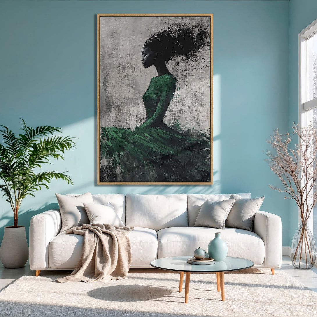 Abstract Canvas Print of a woman in green dress, displayed in a modern living room. Features a neutral color palette with pops of green.