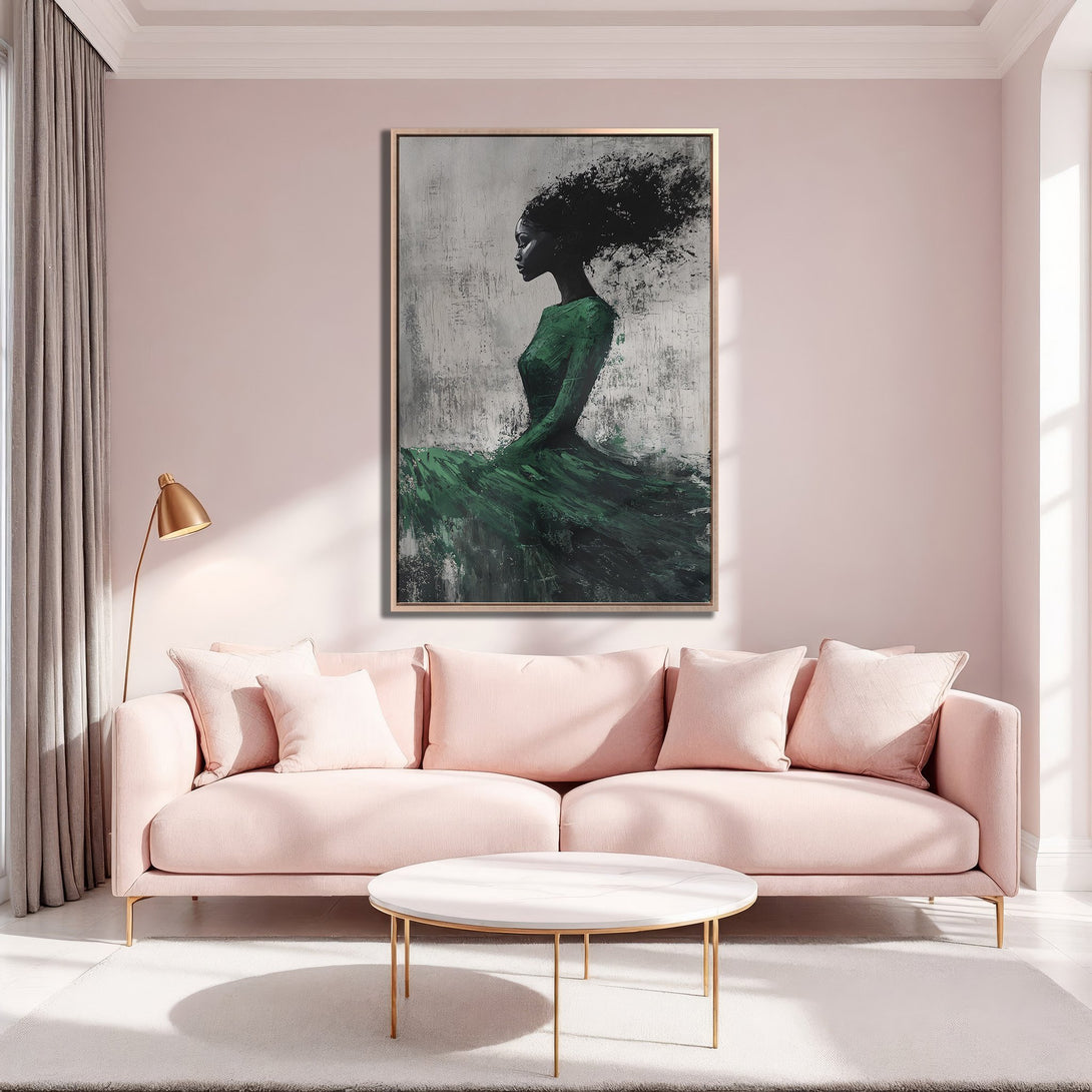 Framed Wall Art of a woman in a green dress, abstract style, displayed in a pink and gray interior. Modern art for your home decor.