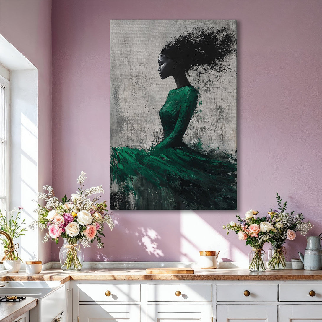 Framed Wall Art: Abstract portrait of a woman in green dress. Modern art canvas print with a neutral palette and gold frame, perfect for home decor.