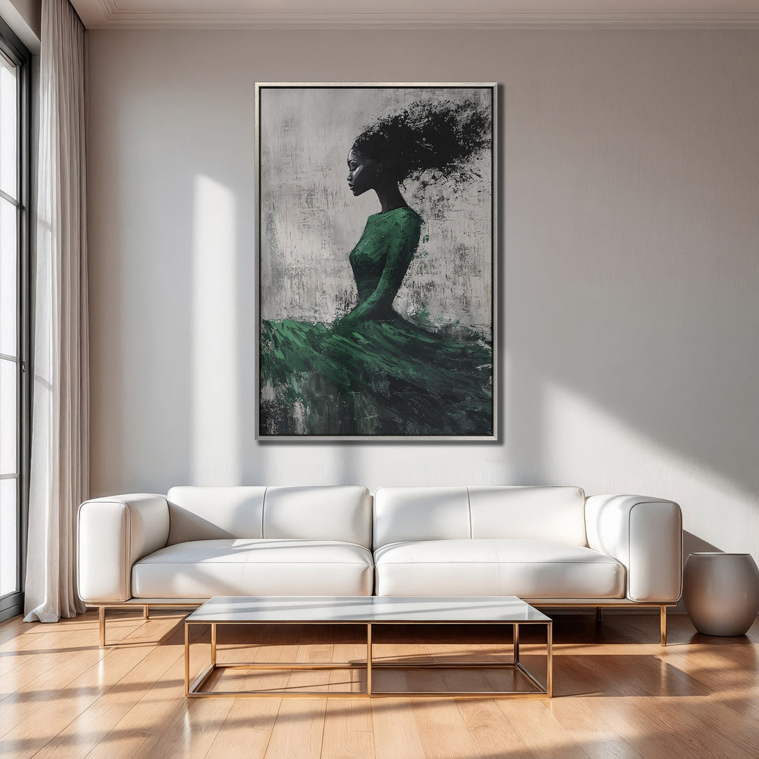 Framed Wall Art featuring an abstract portrait of a woman in green, set against a neutral backdrop. Modern art with a striking color palette.